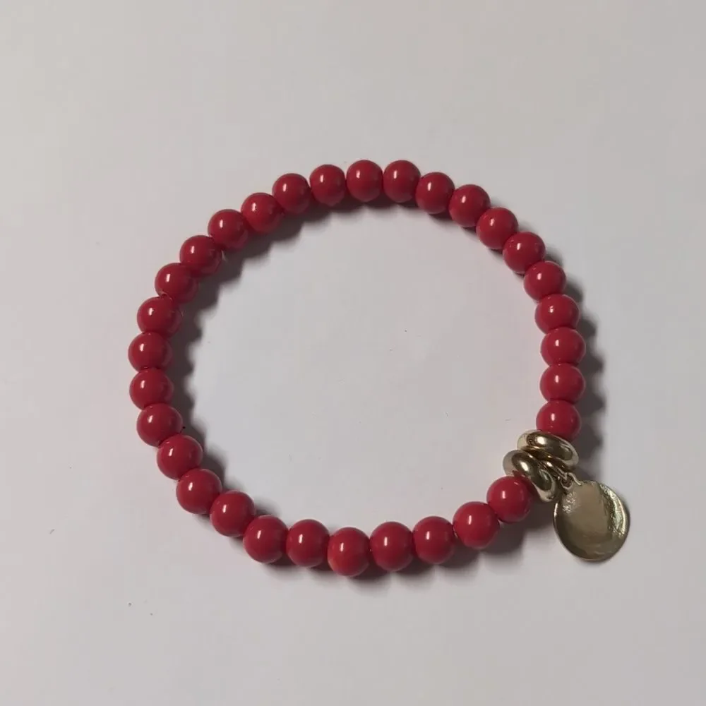 39 Red Beaded Bracelet with Gold Disc and One Rhinestone‎